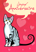 Chat adorable sur fond de cœurs pour fêter l'anniversaire